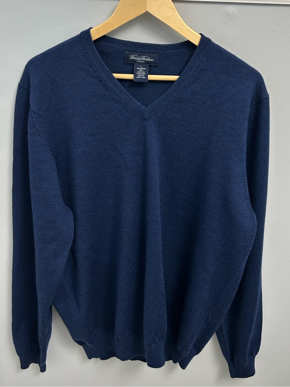 Brooks Brothers Mens Stretch Merino Wool V-Neck Sweater Blue Size L